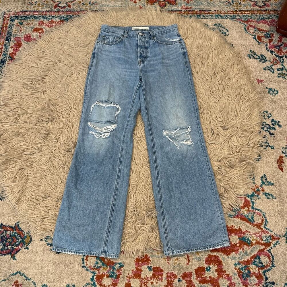 GRLFRND Women's Straight Leg Distressed Jeans - Light Blue